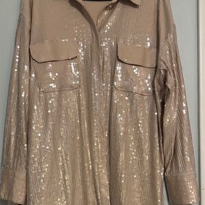 Rachel Zoe Tan Sequin Button Down blouse.